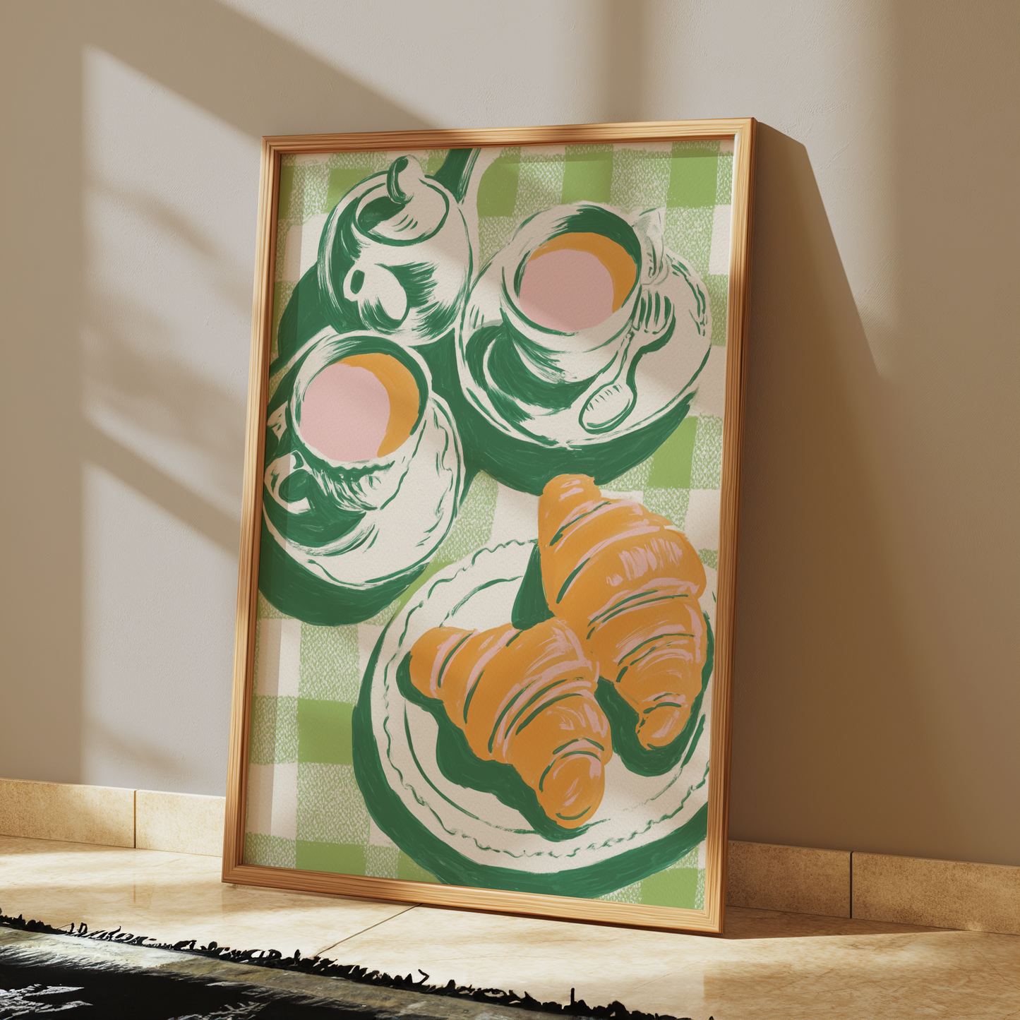 A4 Art Print featuring a retro-style illustration of tea, croissants, and a teapot on a green gingham tablecloth. Premium glossy paper kitchen wall decor.