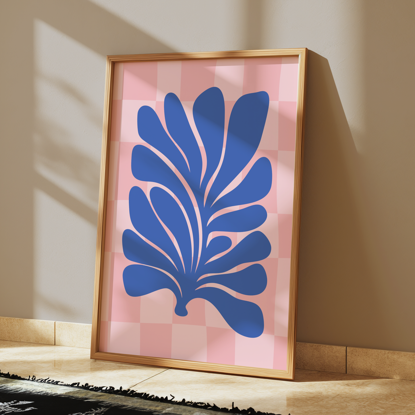 blue leaf on pink – modern floral abstract print