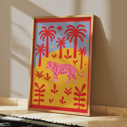 vibrant pink tiger jungle art print – tropical wall decor