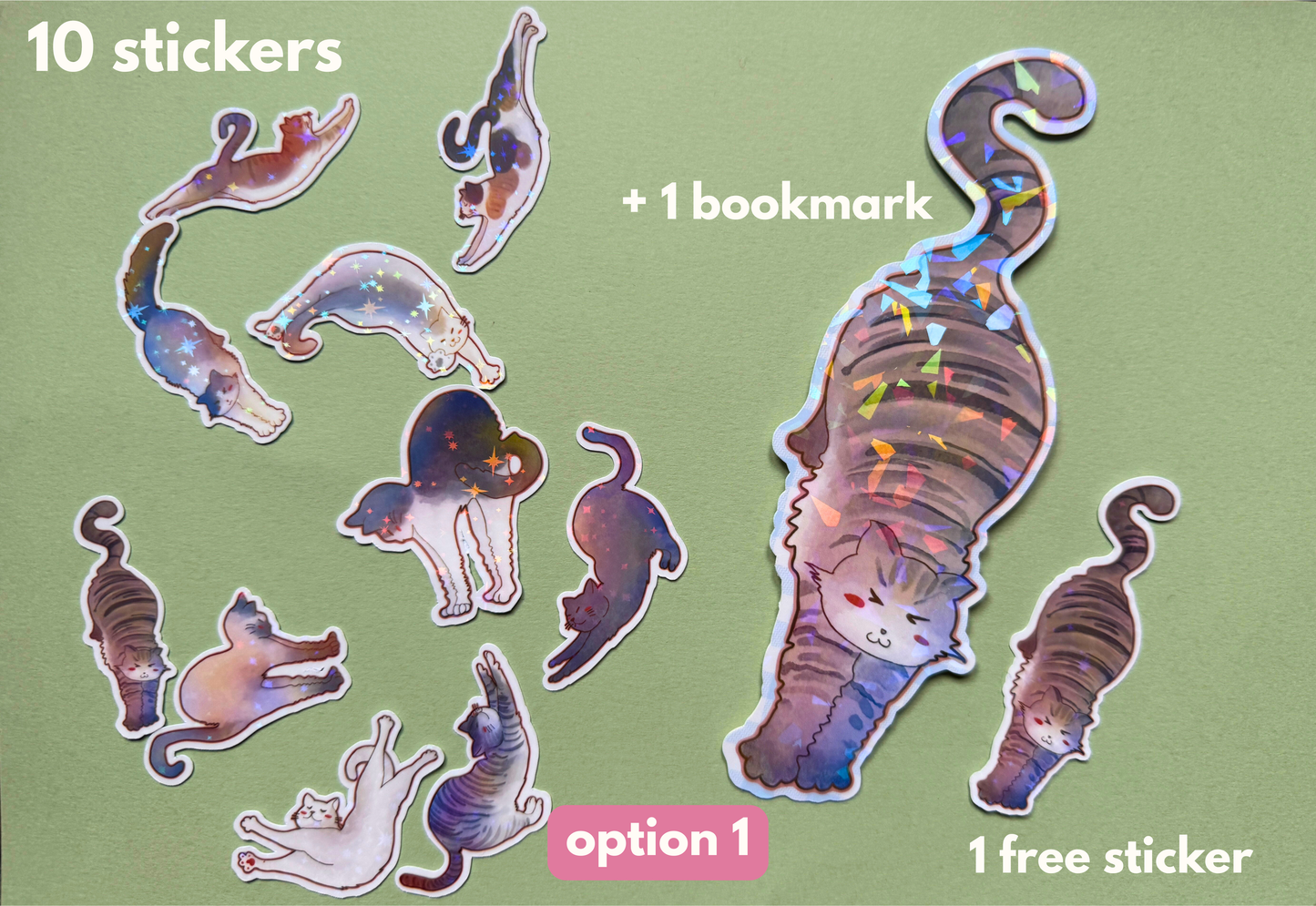 bundle promo: 10 stickers + 1 bookmark = 1 free sticker stretching cats