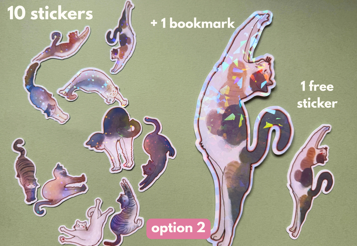 bundle promo: 10 stickers + 1 bookmark = 1 free sticker stretching cats