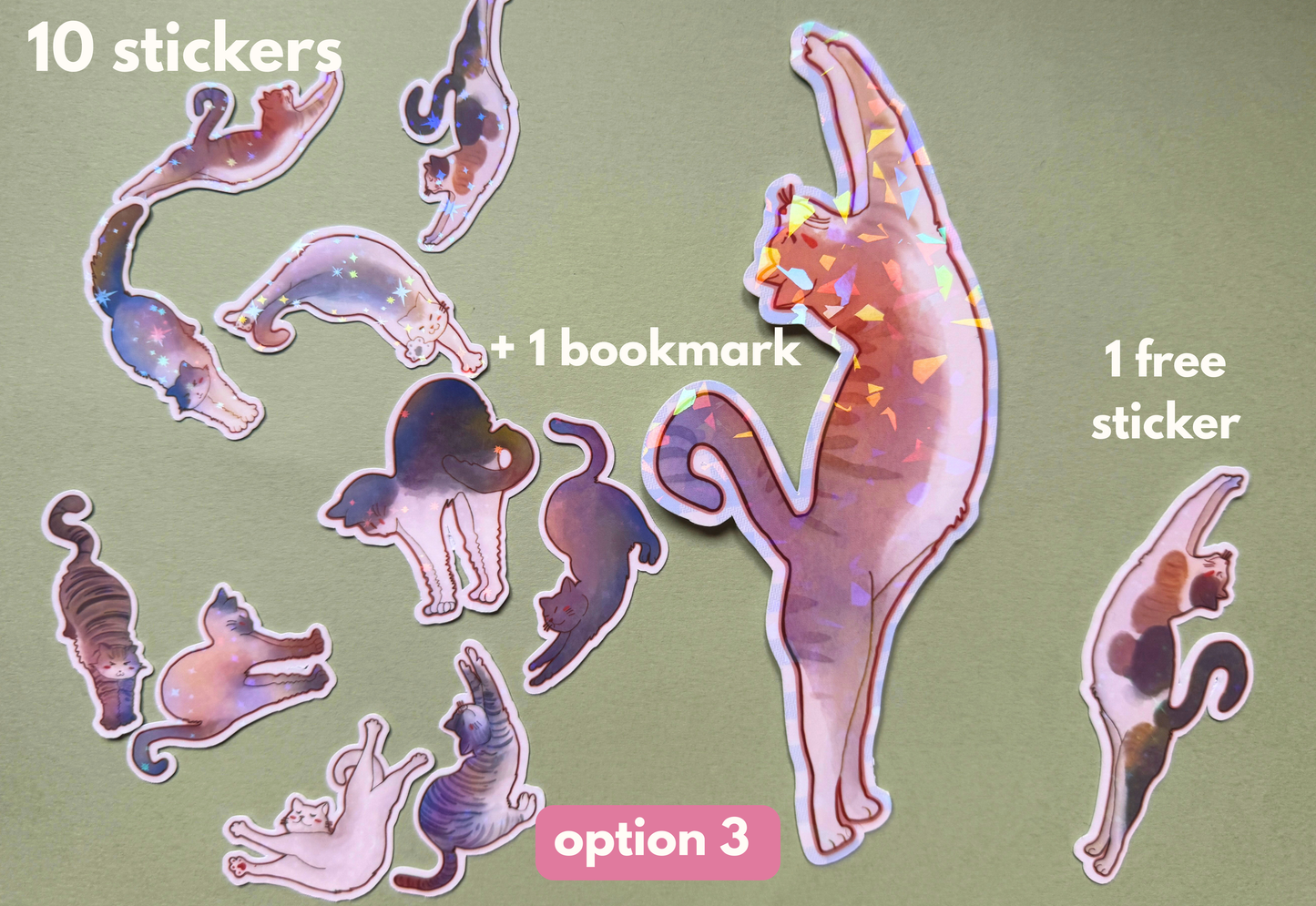 bundle promo: 10 stickers + 1 bookmark = 1 free sticker stretching cats