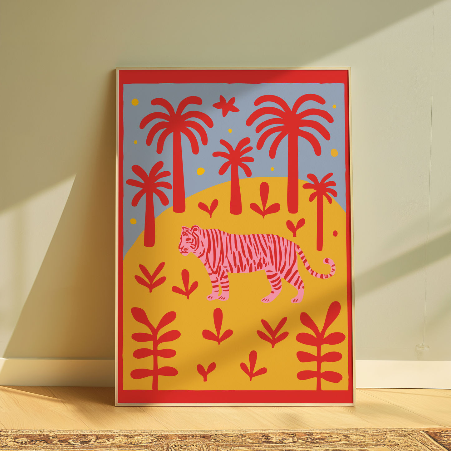 vibrant pink tiger jungle art print – tropical wall decor