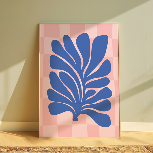 blue leaf on pink – modern floral abstract print