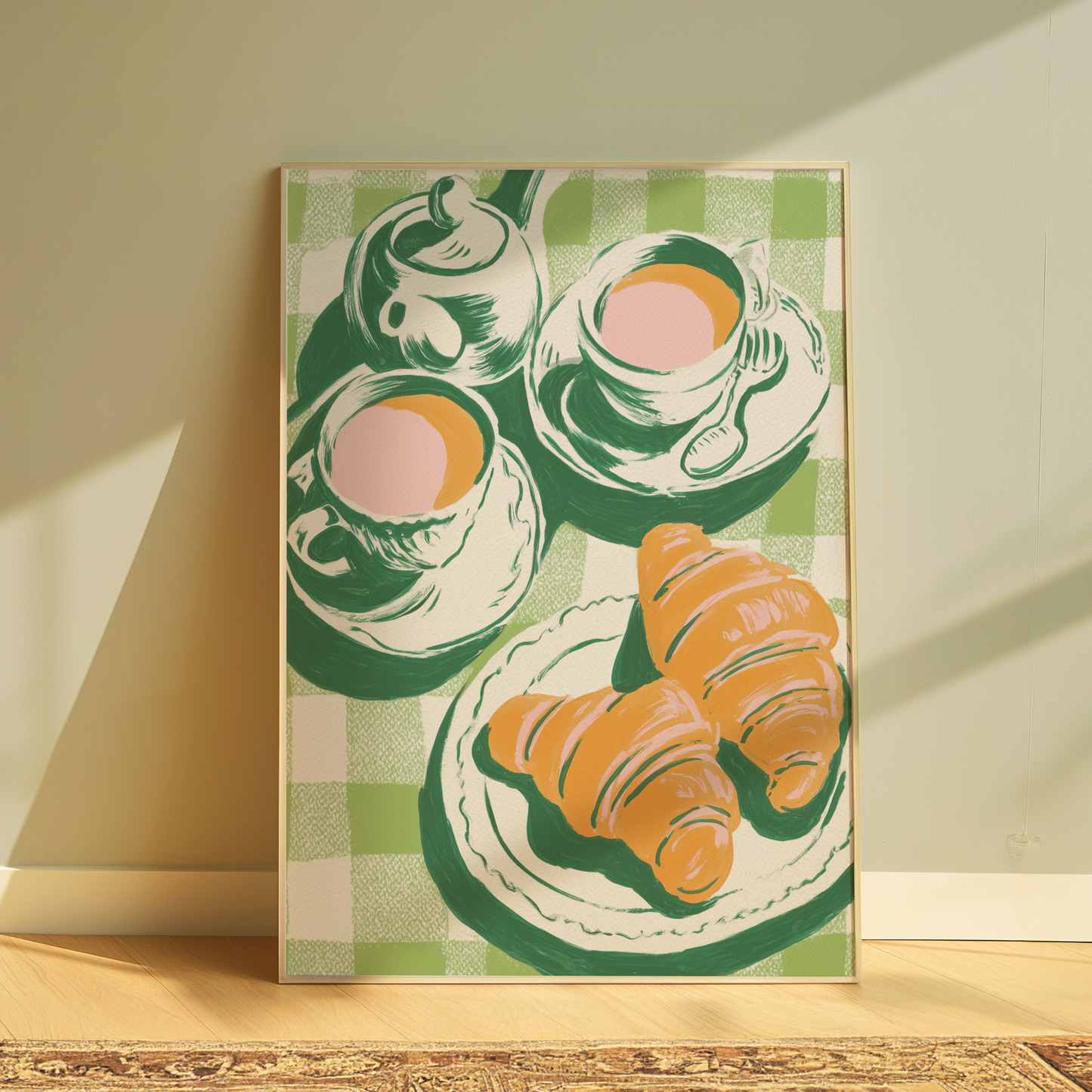  A4 Art Print featuring a retro-style illustration of tea, croissants, and a teapot on a green gingham tablecloth. Premium glossy paper kitchen wall decor.