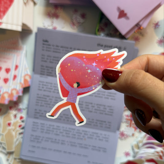 Cute holographic sticker of a person carrying a giant glowing heart. Waterproof, scratch resistant, approx. 4x6cm. Perfect for journals, laptops & more.
Tags: sticker, holographic sticker, kawaii, heart, cute sticker, love, sparkle, glitter, aesthetic sticker, journal sticker, laptop sticker, valentines, klari store