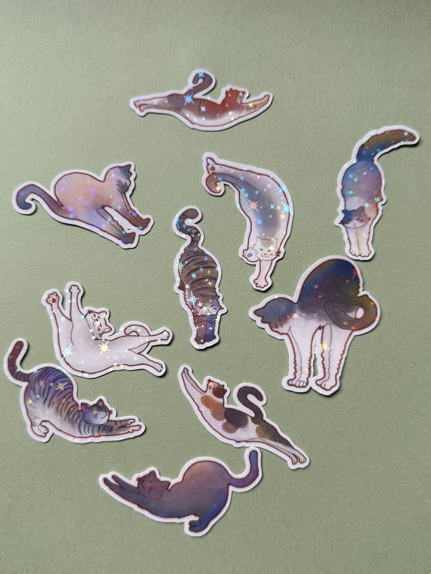 cute 10 stretching cats sticker pack