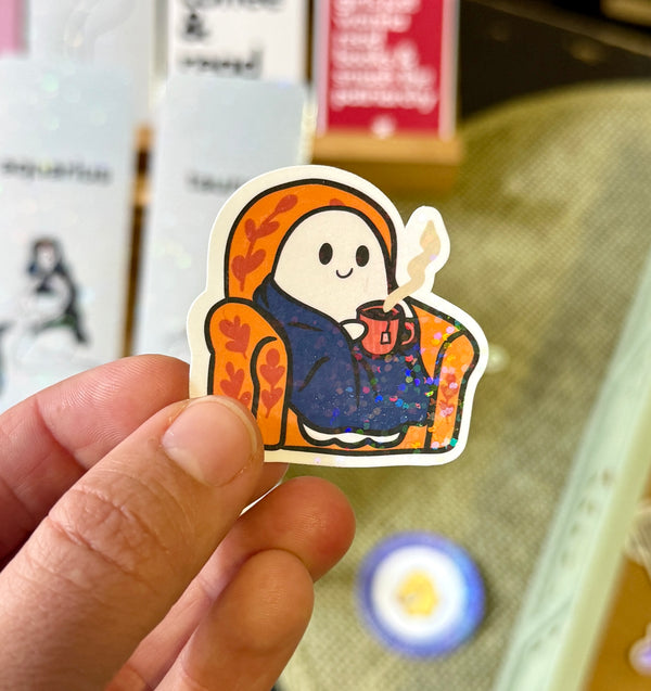 cozy little ghost sticker - the post club ✰ by klari edition "Golden Leaves & a Cup of Tea"