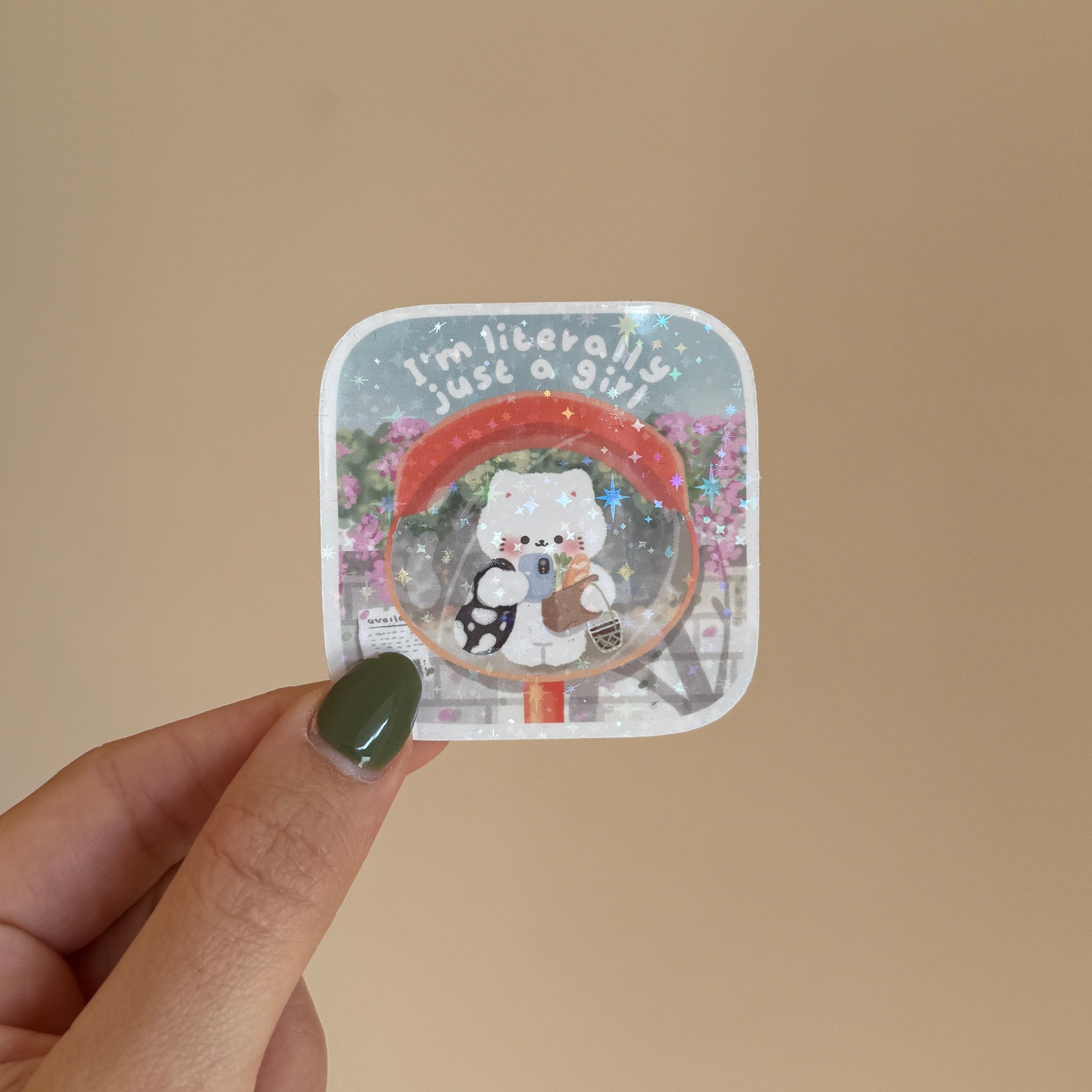 a white kawaii cat taking a mirror selfie in front of blooming flowers, holding a camera and a boba drink 