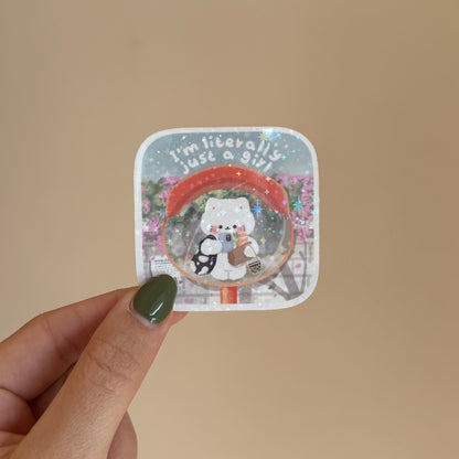 a white kawaii cat taking a mirror selfie in front of blooming flowers, holding a camera and a boba drink 