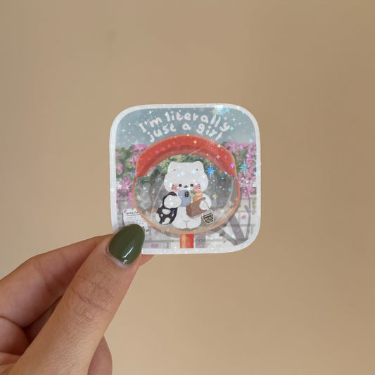 a white kawaii cat taking a mirror selfie in front of blooming flowers, holding a camera and a boba drink 